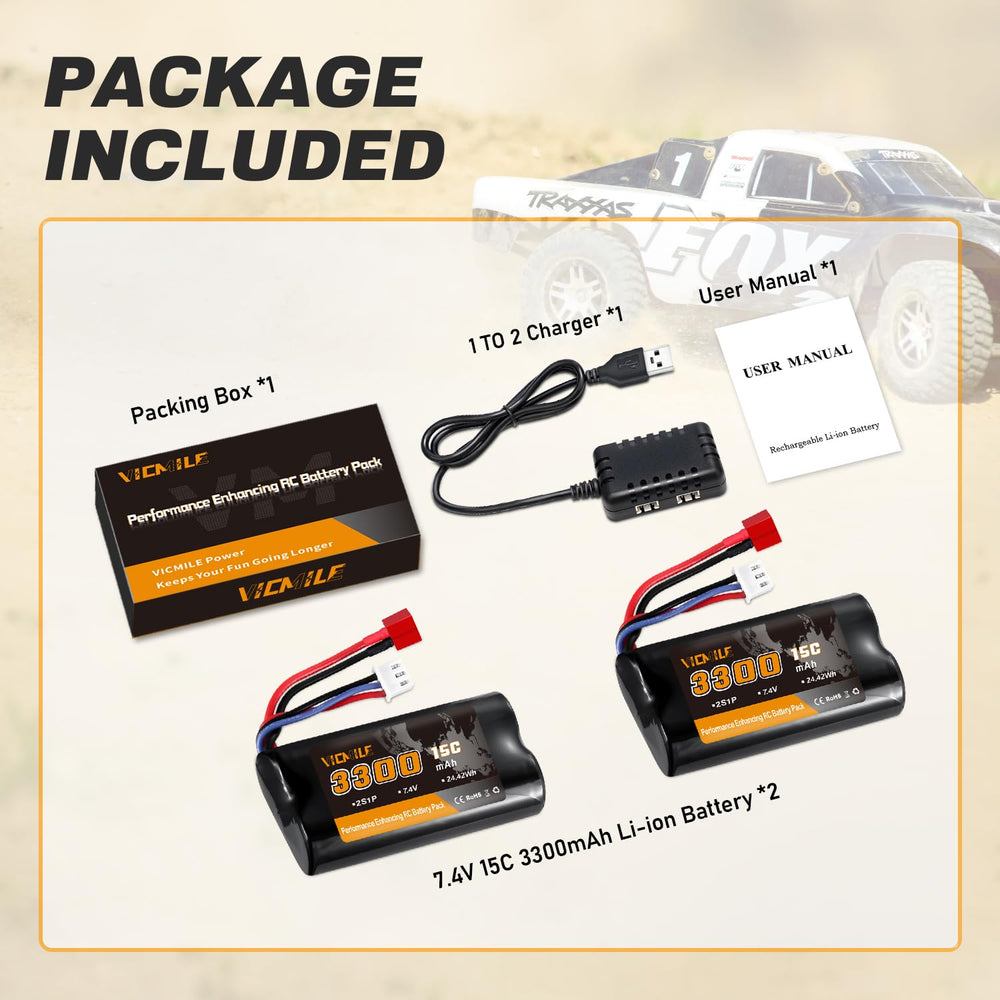 VICMILE 3300mAh battery mounted on an RC car showing extended run time