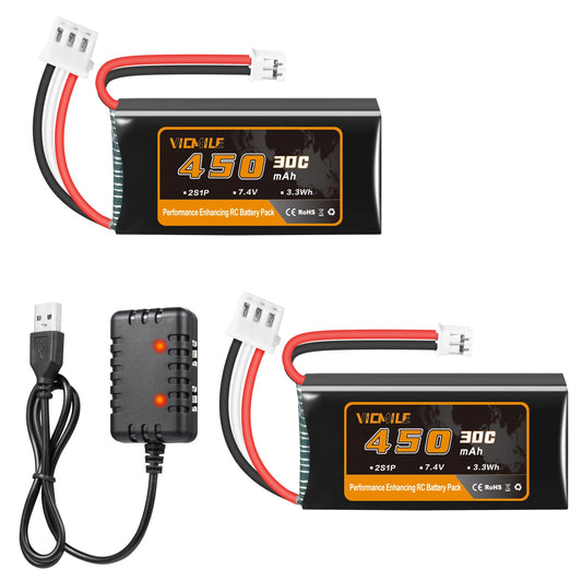 VICMILE 450mAh 7.4V LiPo battery, 2S, compact for tight RC car compartments.