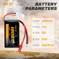 VICMILE 7.4V 1200mAh battery with JST PH20 connectors for quick, secure plug-in.
