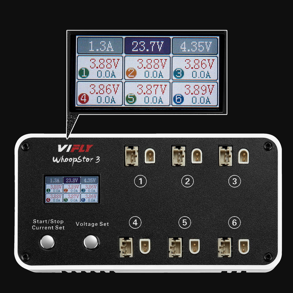 VIFLY WhoopStor V3 LCD display highlights clear status and settings.