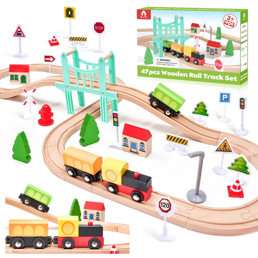 VigorFun 47Pcs wooden train set for toddlers with signs, boosting imagination and fine motor skills.