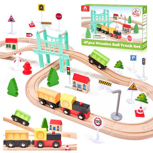 VigorFun 47Pcs wooden train set for toddlers with signs, boosting imagination and fine motor skills.