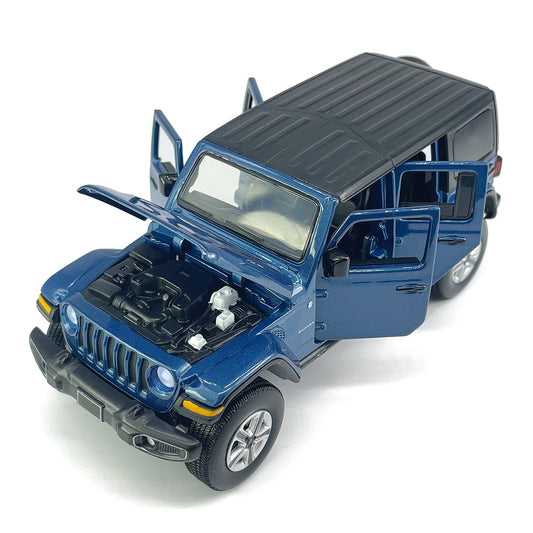 VIIGER Wrangler Sahara 4-door blue diecast with doors opened, ideal for display and pretend play.