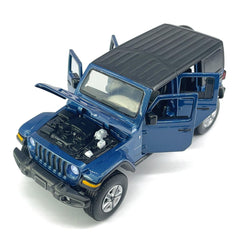 VIIGER Wrangler Sahara 4-door blue diecast with doors opened, ideal for display and pretend play.
