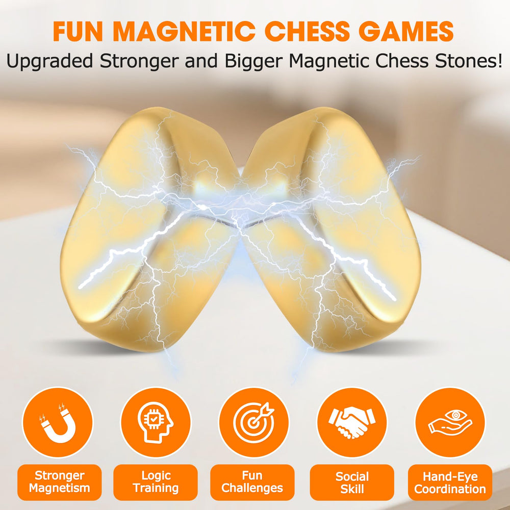 Close-up of golden magnets on the Vinncalri chess stones.