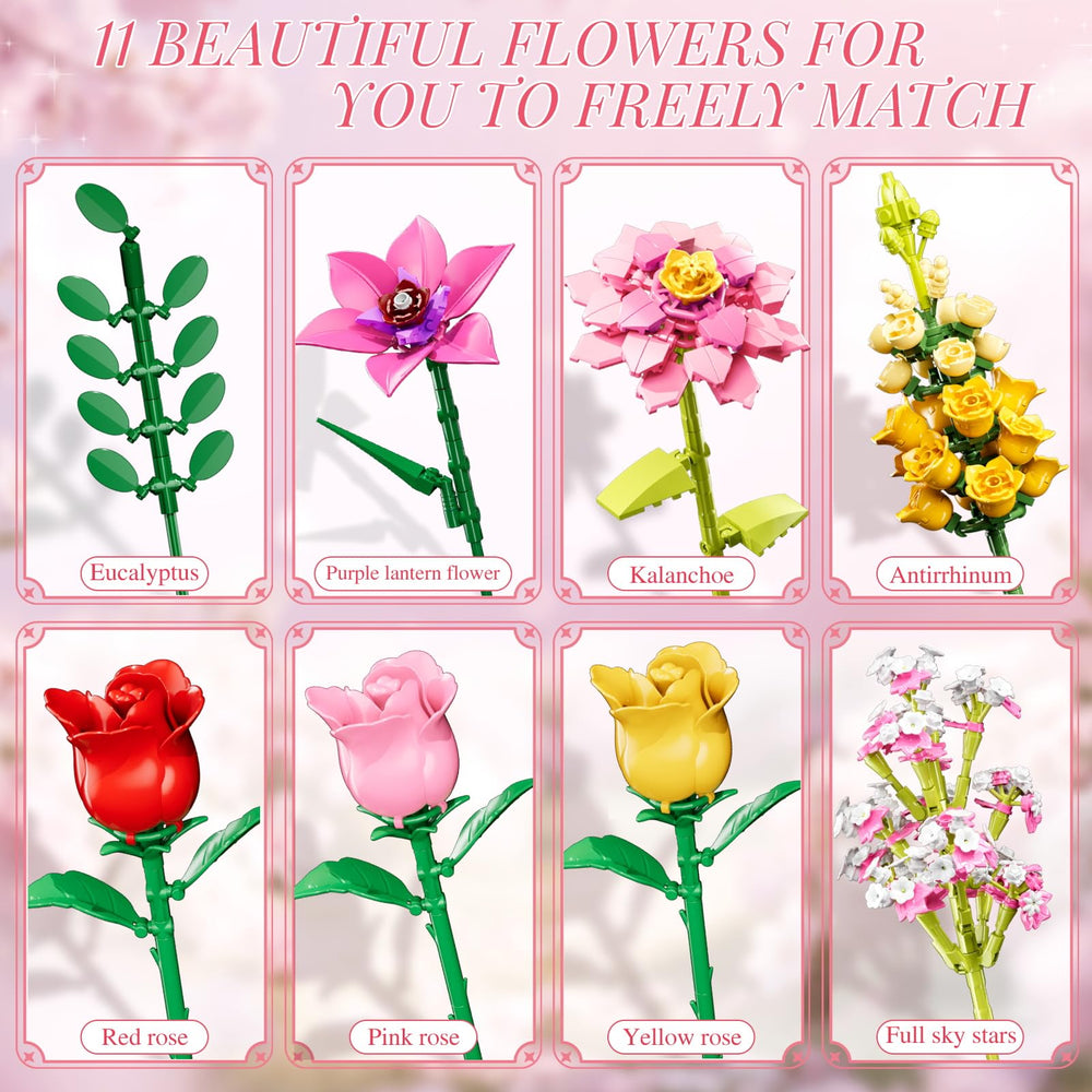 VINTOP Flowers Bouquet Building Set eucalyptus leaves adds natural texture to arrangements.