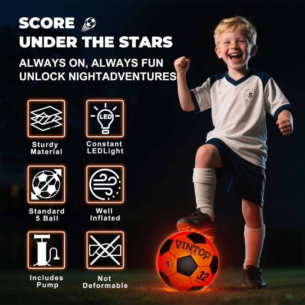 VINTOP glow soccer ball with LED glow on the side for visibility.