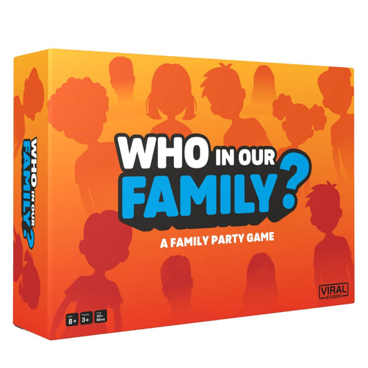 Viral Studios Who in Our Family box front view for engaging family game night