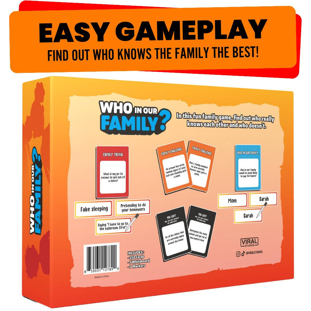 Viral Studios Who in Our Family rule book for simple setup and rules