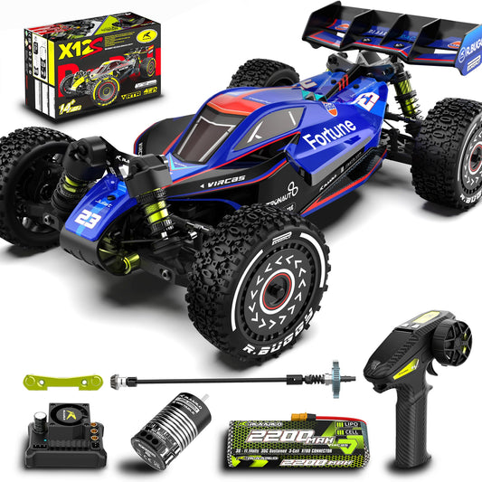 VIRCAS brushless RC car front view, showing aggressive styling and speed potential.
