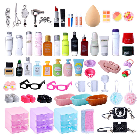 VITASY 76pcs dollhouse accessories on display for creative storytelling and realistic scenes.