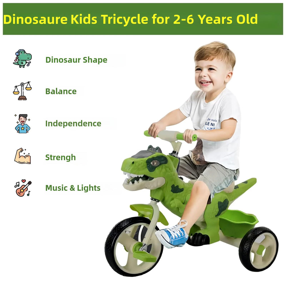VIZZTY Dinosaur Tricycle storage basket for tiny treasures during play.