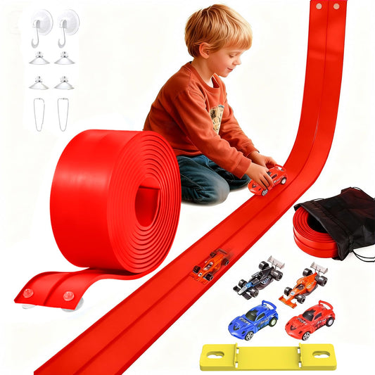 Vlkslasy 20ft flexible race track laid out for creative multi-loop racing.
