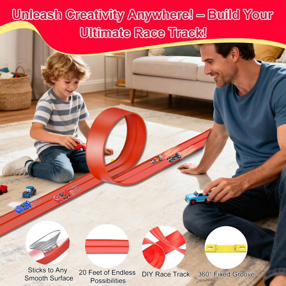 Vlkslasy two-lane track with suction cups on smooth surfaces for stable play.