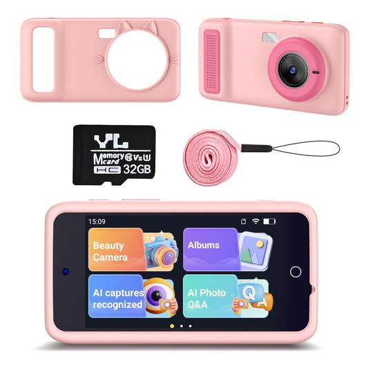 VOGBY AI Kids Camera pink front view showing compact, kid-friendly design for learning on the go