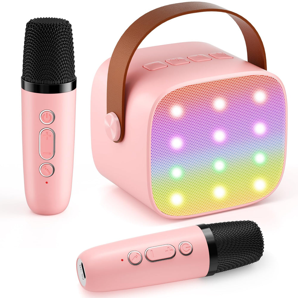 Voijump mini karaoke machine with two wireless mics, ideal for family sing-alongs at home.