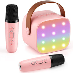 Voijump mini karaoke machine with two wireless mics, ideal for family sing-alongs at home.