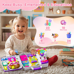 VOILBTOY Busy Board shows wheels for push-and-roll play on the go.