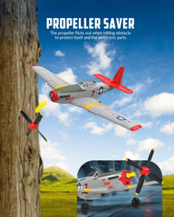 VolantexRC P51D Mustang Red remote transmitter in hand, signaling easy setup and responsive controls.