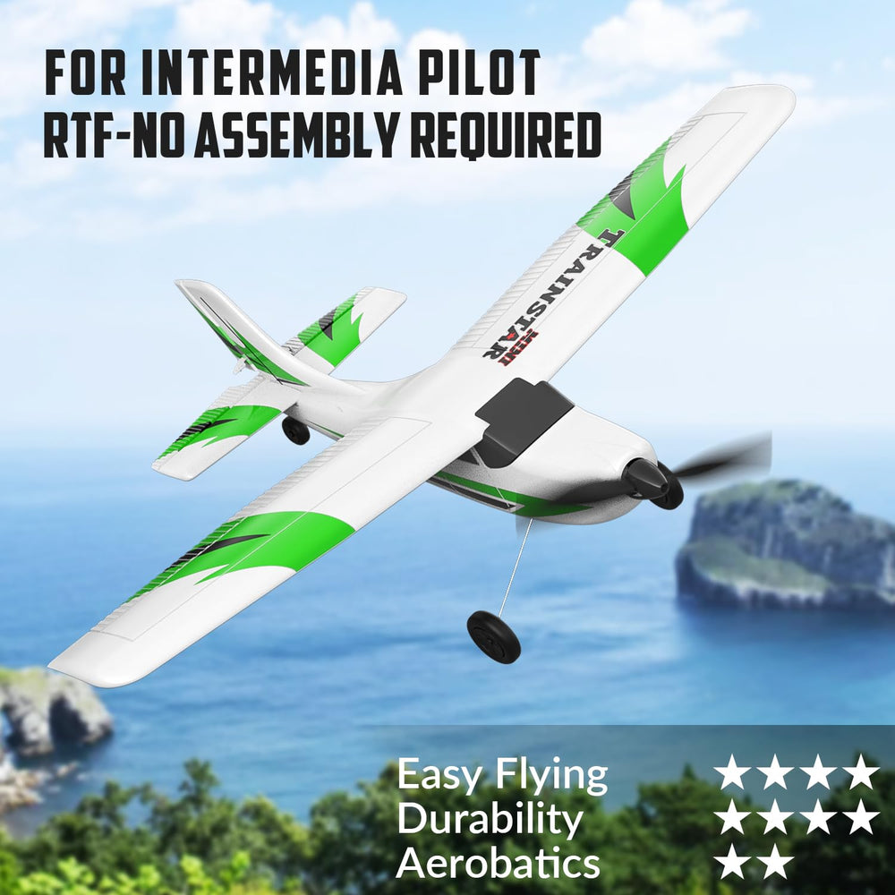 VolantexRC RC Plane Trainer with gyro stabilizer keeps flights smooth for beginners.