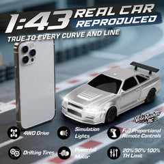 VoleRusher RC 1/43 mini drift car side view, compact desk-friendly design.