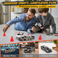 VoleRusher RC drift car top-down reveals compact 1/43 scale ideal for desks.