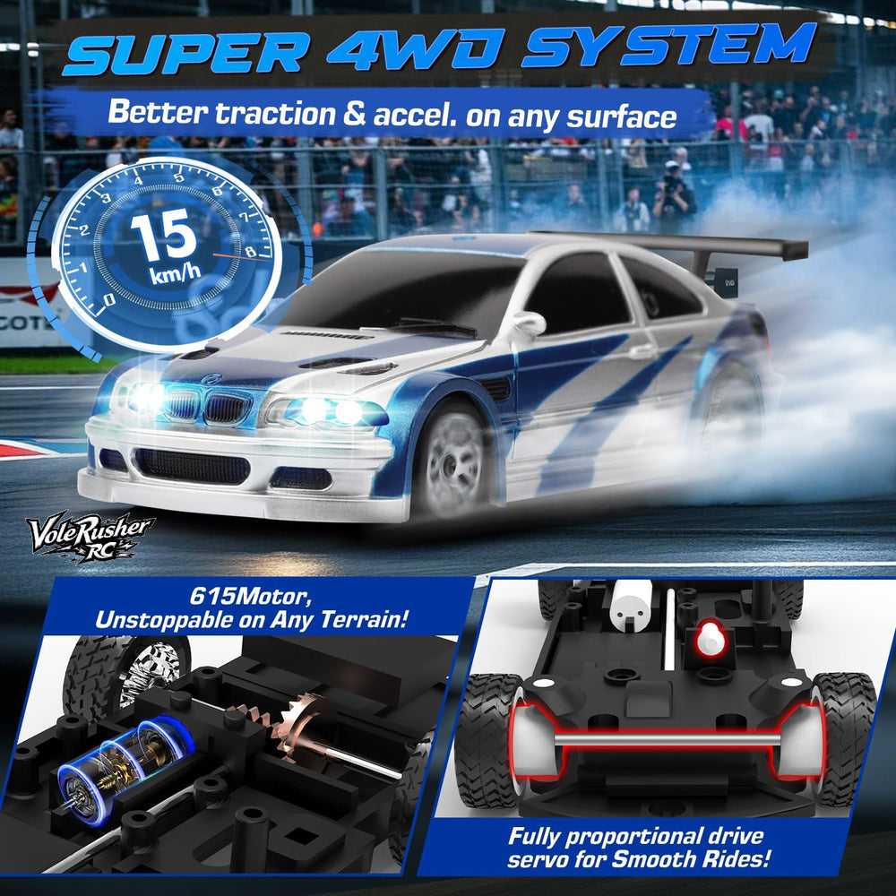 VoleRusher RC LED lights on a blue body for realism.
