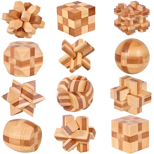 VolksRose wooden brain teaser puzzle set with 12 interlocking pieces for focus and problem-solving.