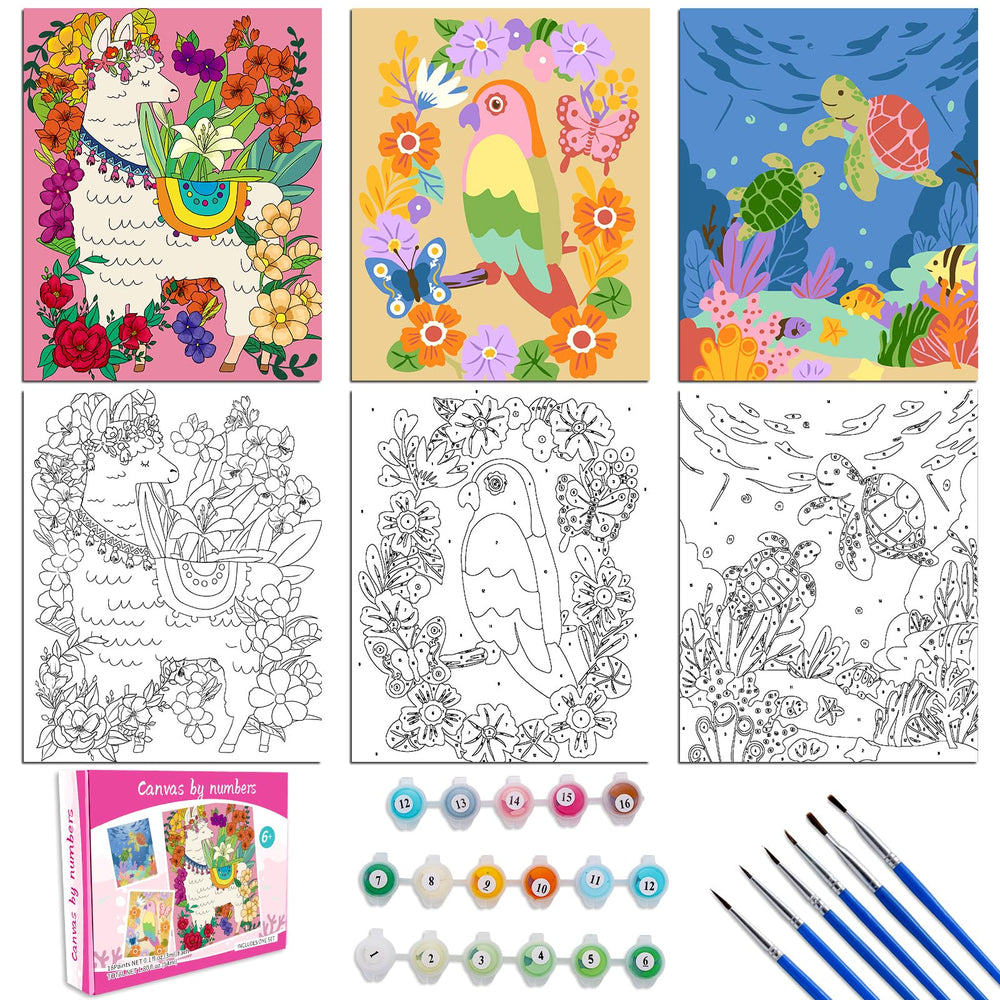 Volmop 3-pack alpaca canvas painting kit for kids boosts creativity with colorful details.
