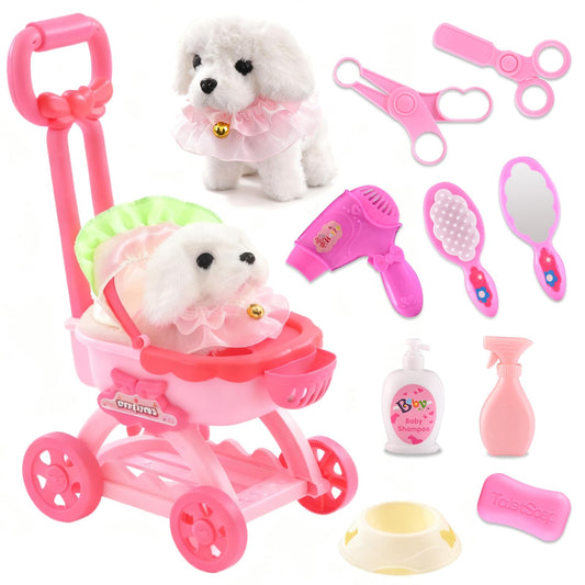Volmop puppy toy with pushcart promotes imaginative, interactive play for kids.