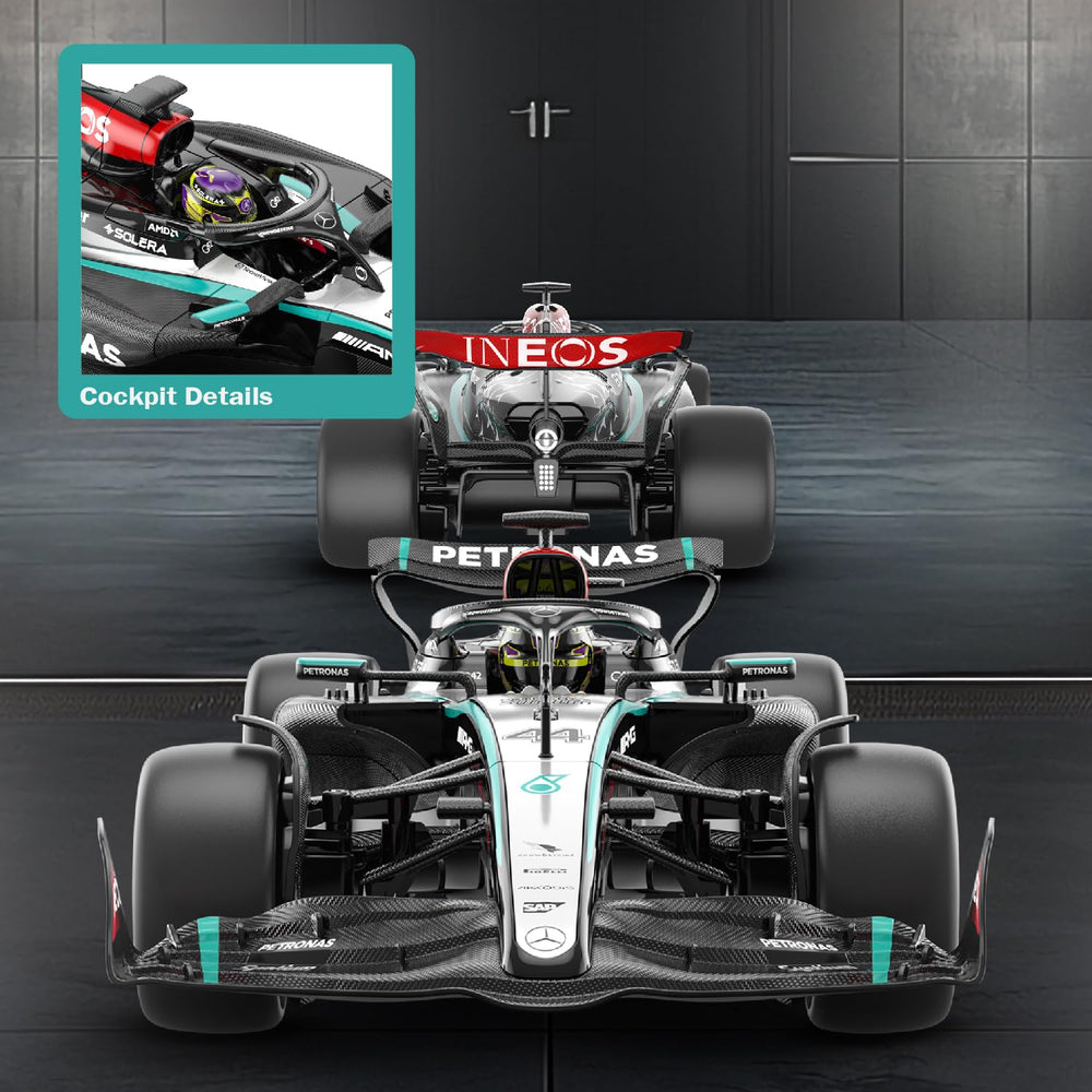 Voltz Toys Mercedes-AMG F1 W15 RC car paint and rims highlight premium detailing.