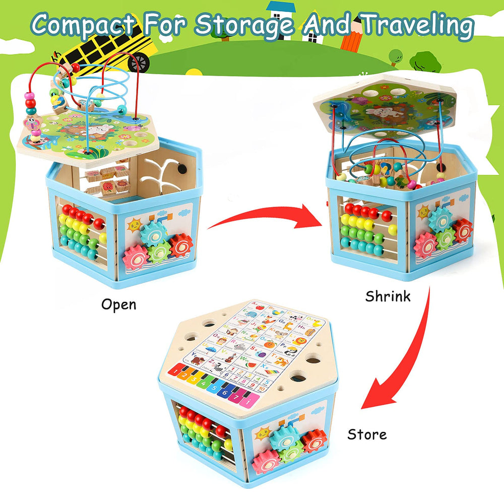 Vomocent bead box stool demonstrates stability and multi-use play space.