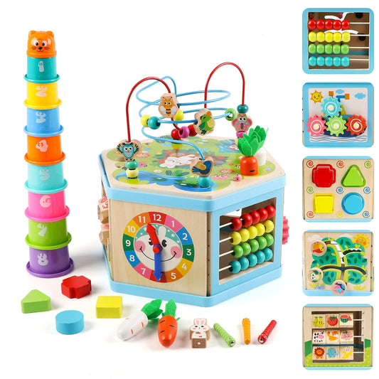 Vomocent wooden activity cube clock side supports early time recognition and fine motor skills.