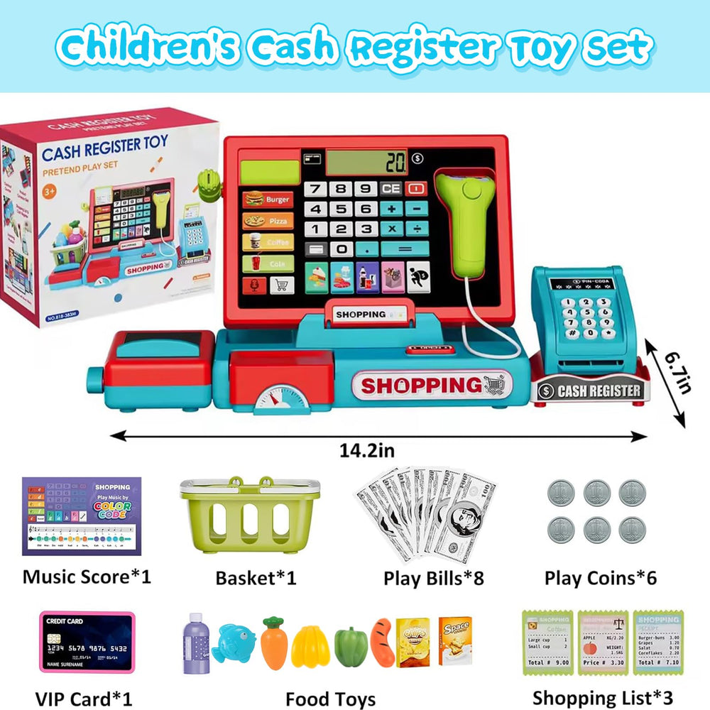 VOPOGLNE cash register toy includes a credit card for realistic pretend purchases.