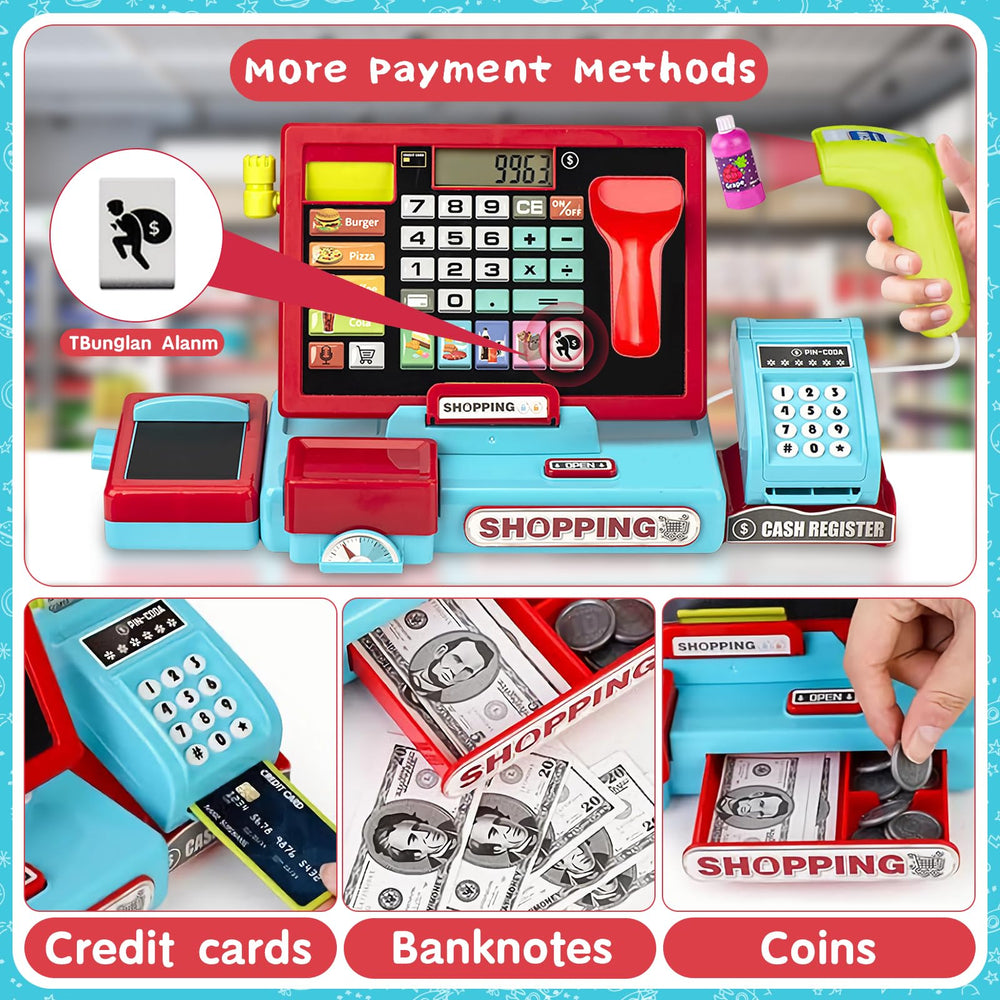 VOPOGLNE cash register toy with play foods invites counting and sorting play scenarios.