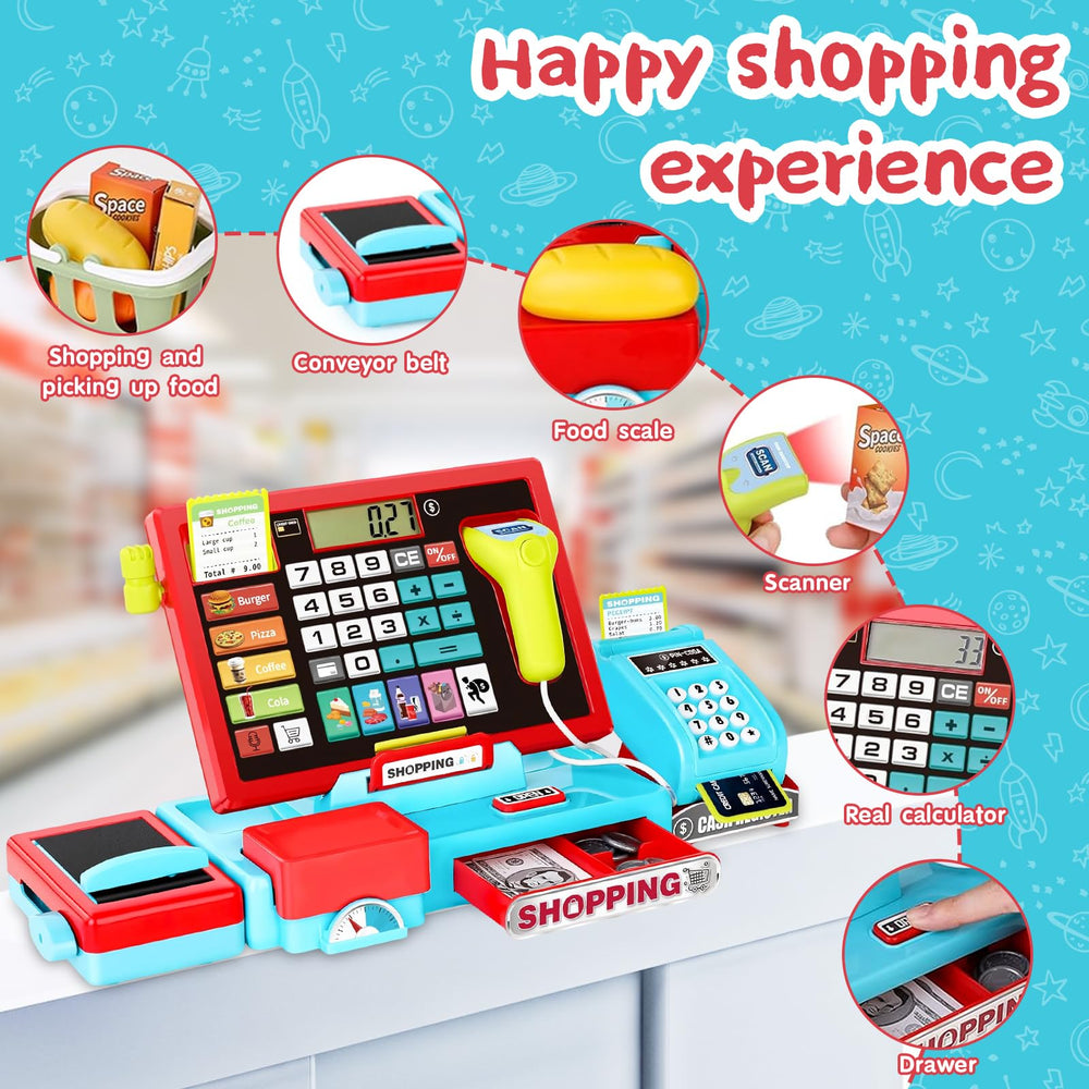 VOPOGLNE cash register toy lights and scan feature create interactive, store-like moments.