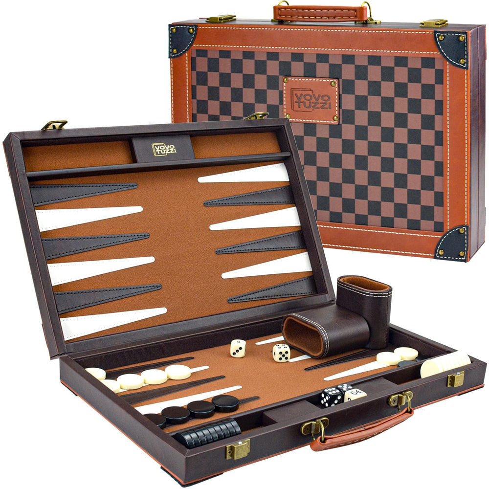 Vovotuzzi 15-inch backgammon board in brown PU leather with classic checkerboard design.