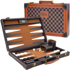 Vovotuzzi 15-inch backgammon board in brown PU leather with classic checkerboard design.