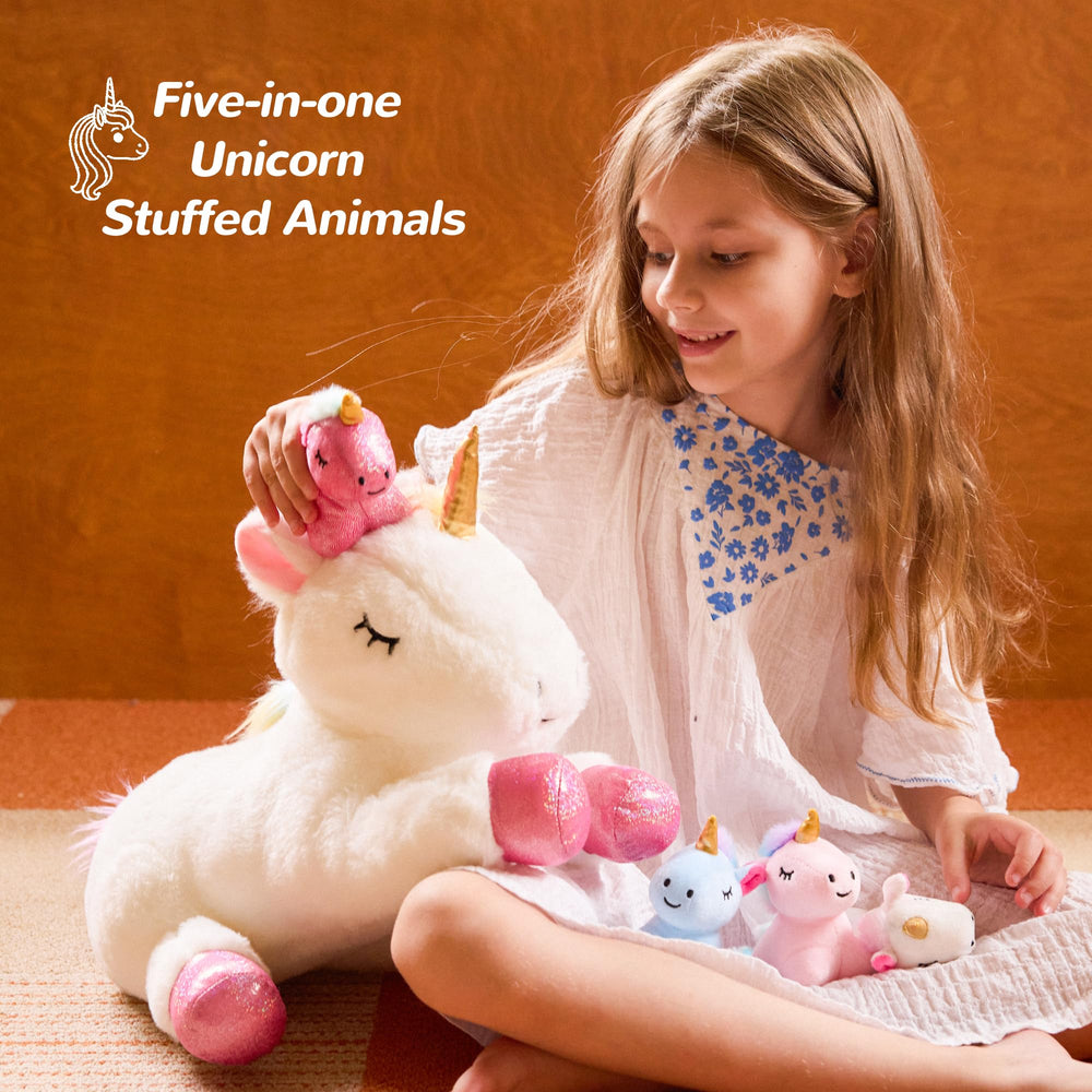 Vposyako mommy unicorn with zipper tummy holding four babies for reveal play.