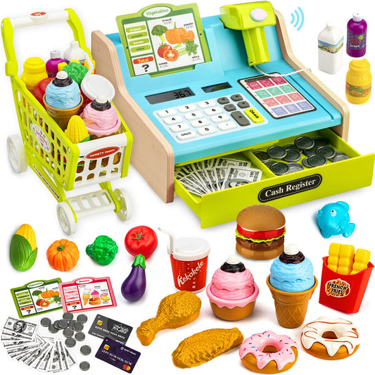 VROGTIK wooden cash register with tactile keys and calculator for kids