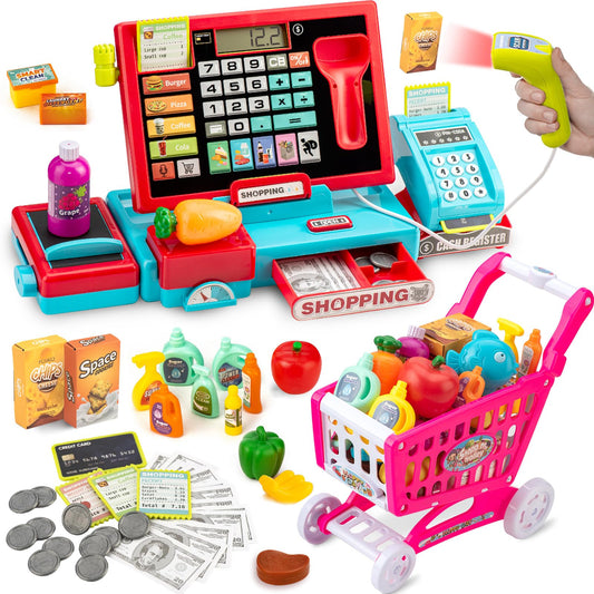 VROGTIK cash register with scanner for kids promotes pretend shopping and early math skills.