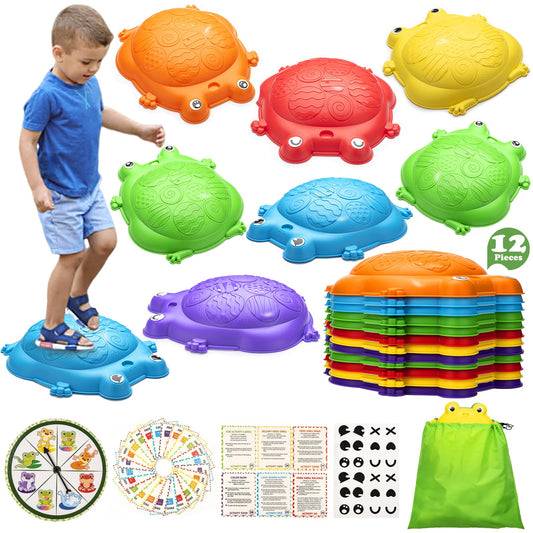 VROGTIK Frog Balance Stones 12-piece set ready for indoor or outdoor balance play.