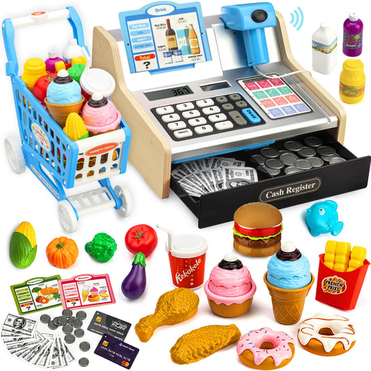 VROGTIK wooden cash register with shopping cart for immersive pretend shopping.
