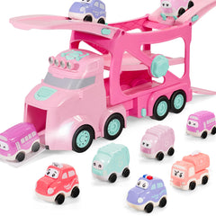 Vroomix back view of the 7-in-1 carrier truck with cars