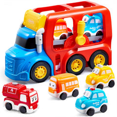 Vroomix Jova toddler truck pack inside shows four cars neatly stored for travel.