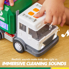 Vroomix LED garbage truck toy set bump-and-go action encourages dynamic pretend play.