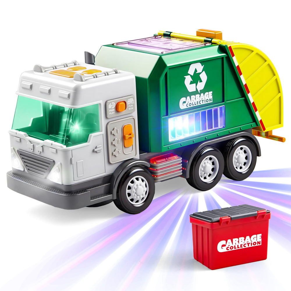Vroomix LED garbage truck toy set front view with vivid lights for immersive play.