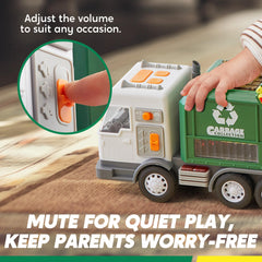 Vroomix LED garbage truck toy set lights-on close-up showcases vibrant illumination during play.