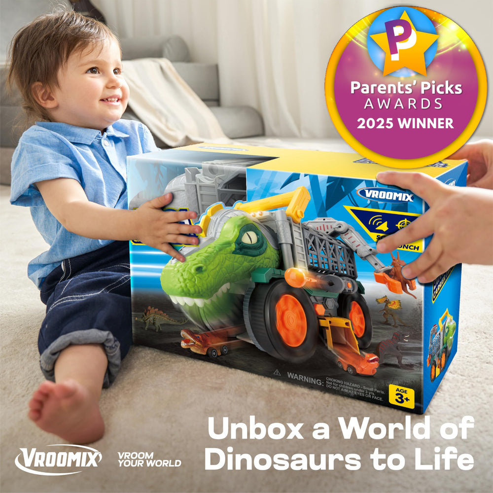 Vroomix rotating crane arm lets kids grab dinos and swap play setups.