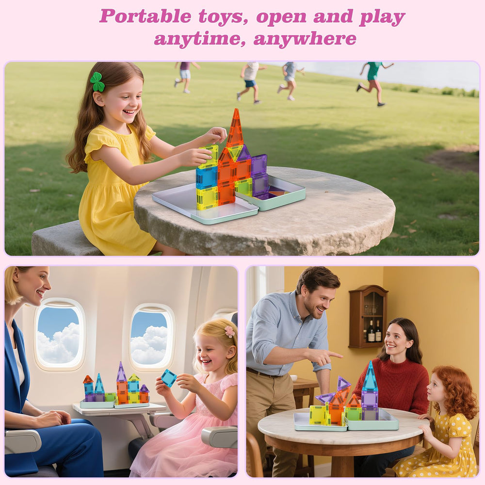 Vrythn Rocket and castle designs built with magnetic tiles.